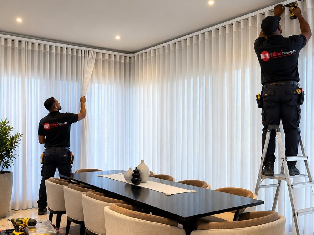 Blind Concepts installers professionally installing sheer wave curtains in a dining room